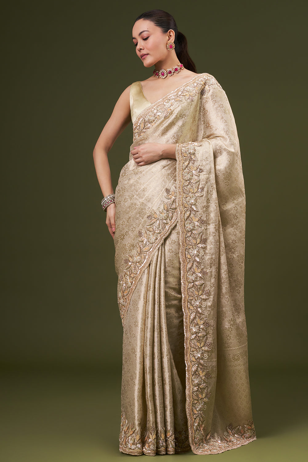Golden Jacquard Embroidered Saree with Sequin and Cut Work