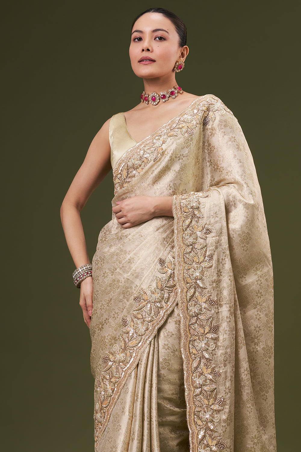 Golden Jacquard Embroidered Saree with Sequin and Cut Work