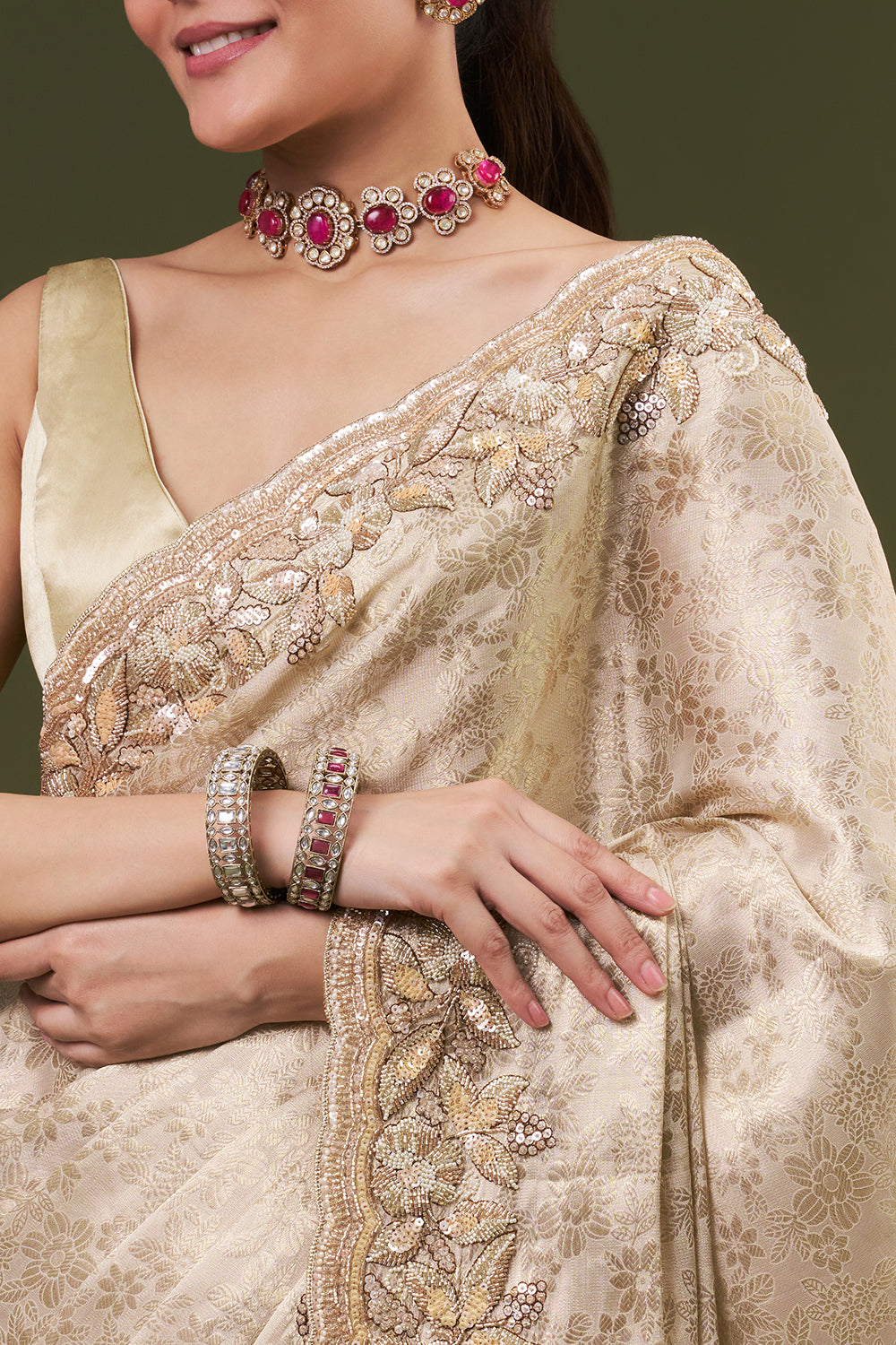 Golden Jacquard Embroidered Saree with Sequin and Cut Work