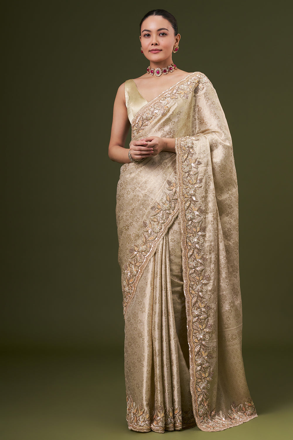 Golden Jacquard Embroidered Saree with Sequin and Cut Work