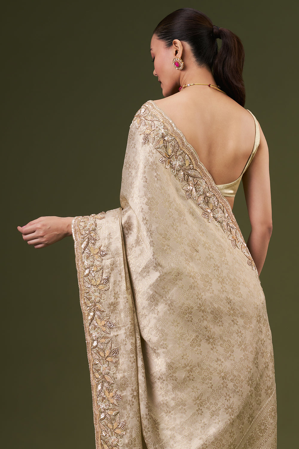 Golden Jacquard Embroidered Saree with Sequin and Cut Work