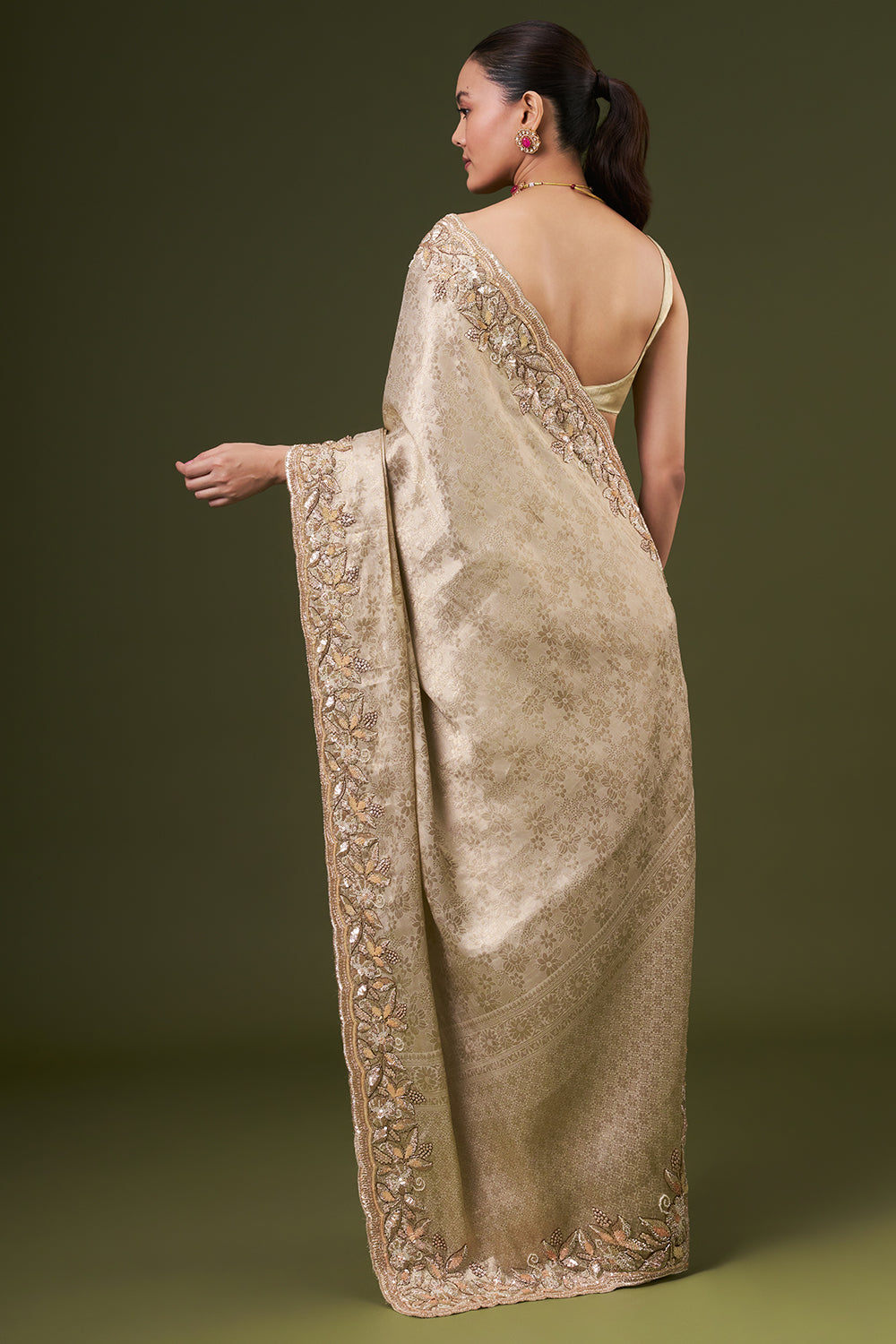 Golden Jacquard Embroidered Saree with Sequin and Cut Work