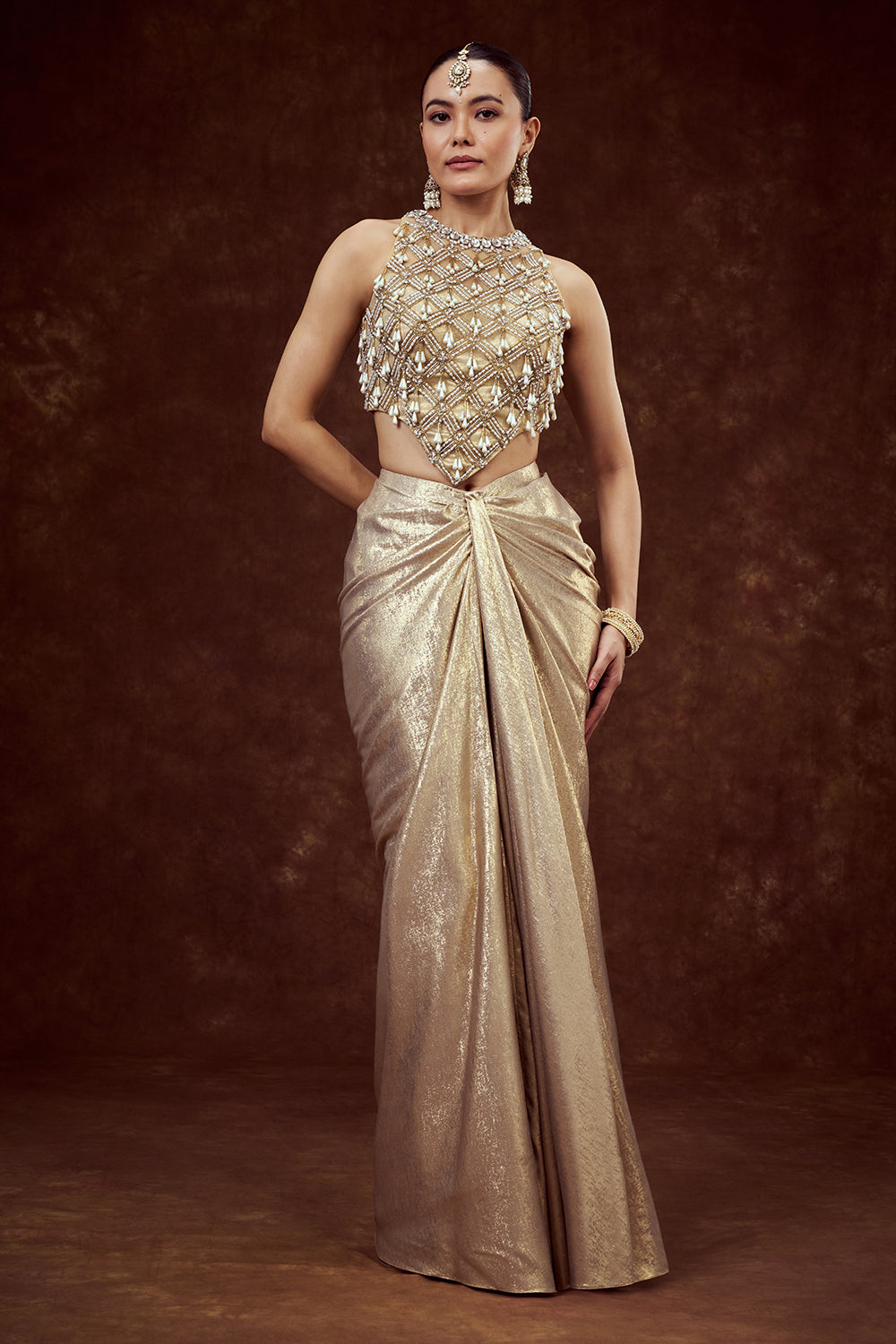 Golden Net Indo Western Drape Skirt Set