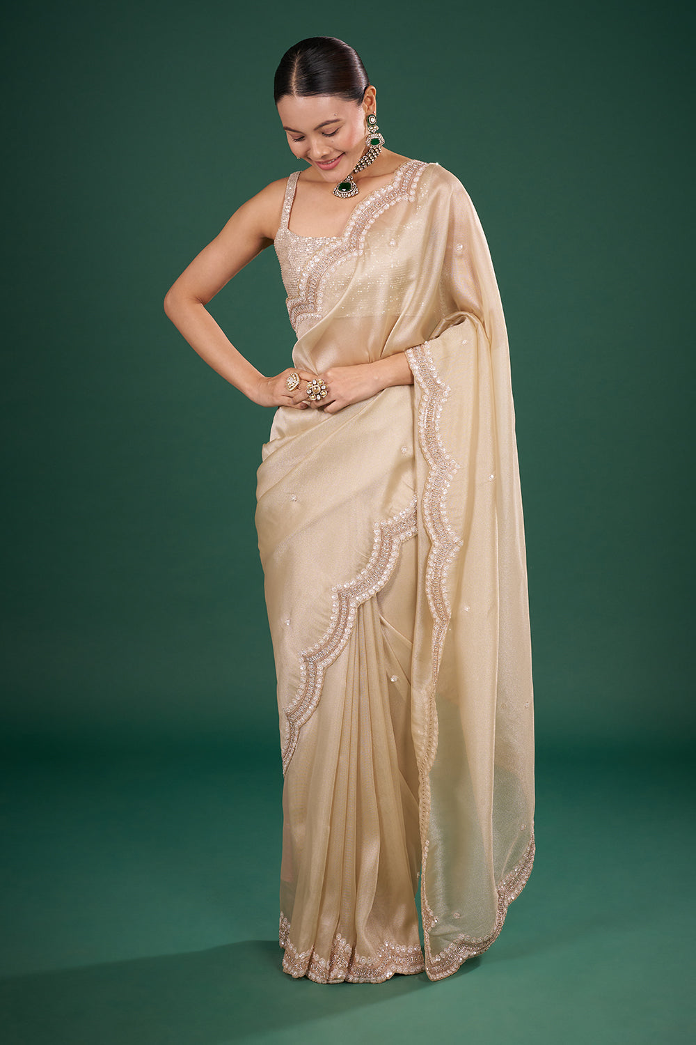 Golden Net Saree with Elegant Sequin Border and Unstitched Blouse