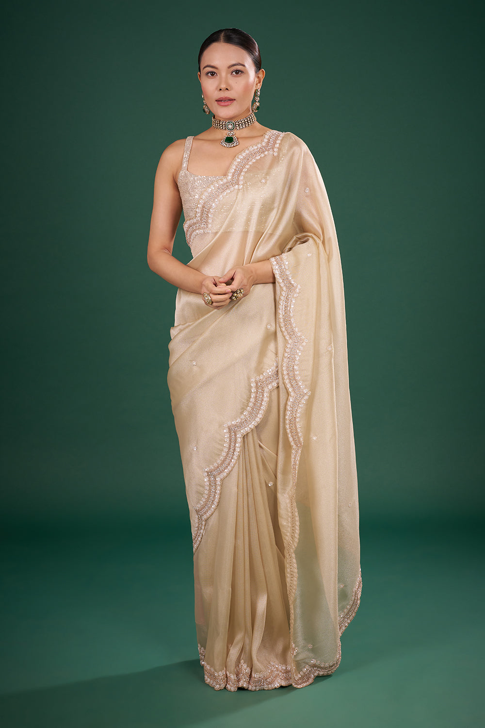Golden Net Saree with Elegant Sequin Border and Unstitched Blouse