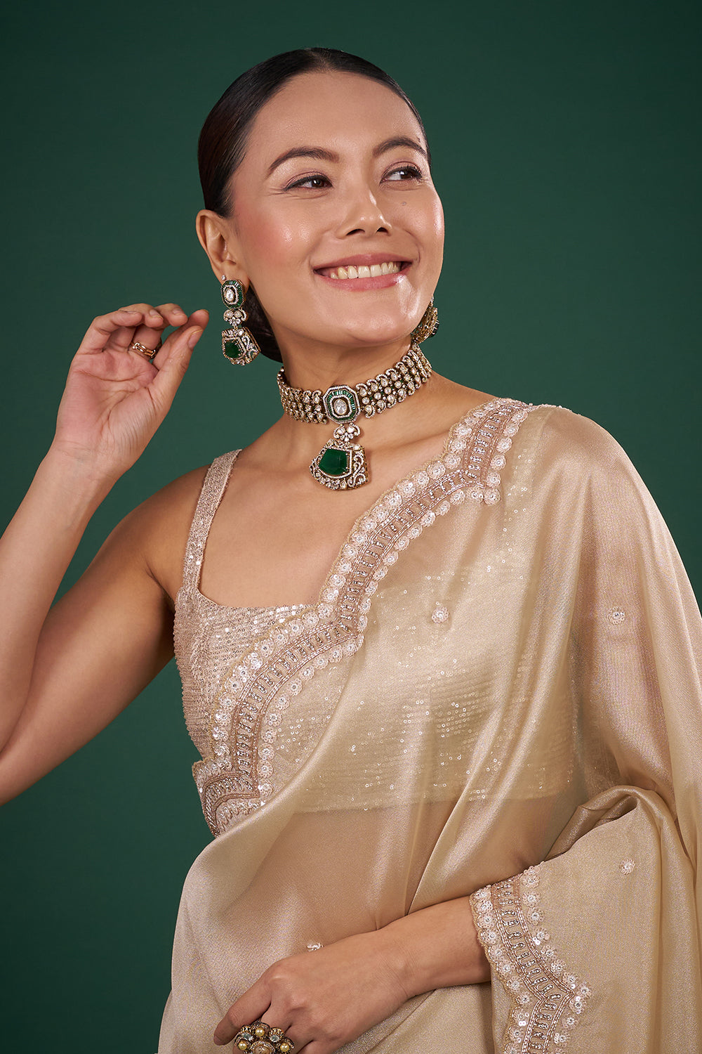 Golden Net Saree with Elegant Sequin Border and Unstitched Blouse