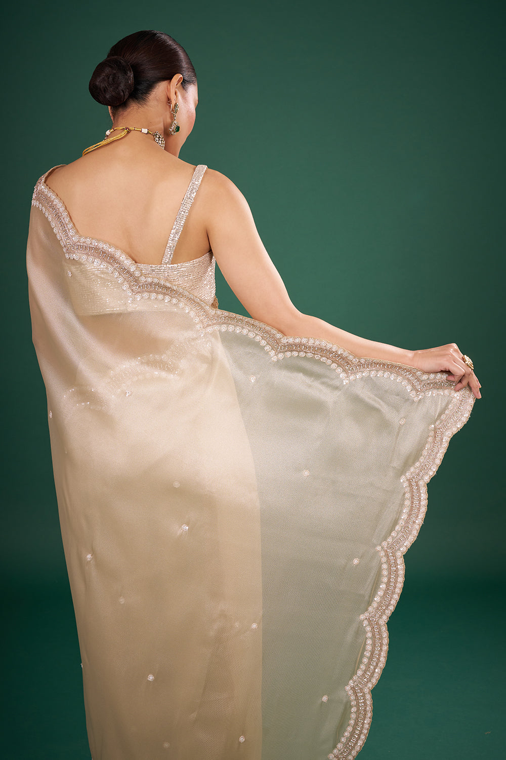 Golden Net Saree with Elegant Sequin Border and Unstitched Blouse
