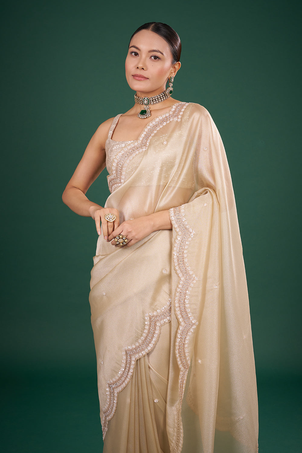 Golden Net Saree with Elegant Sequin Border and Unstitched Blouse