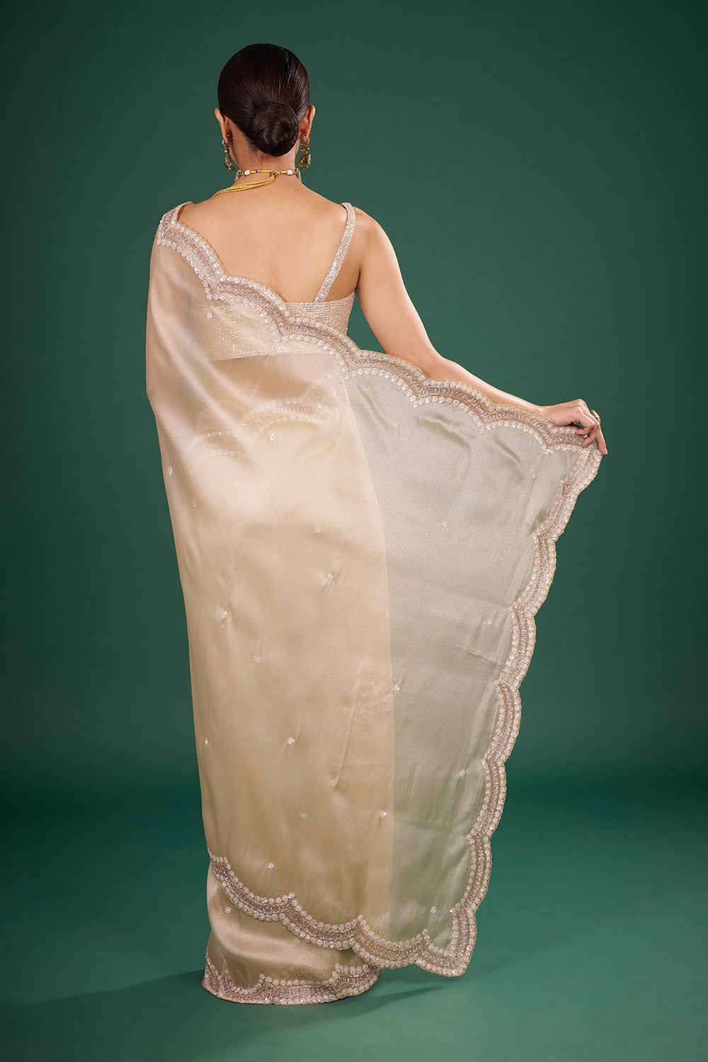 Golden Net Saree with Elegant Sequin Border and Unstitched Blouse