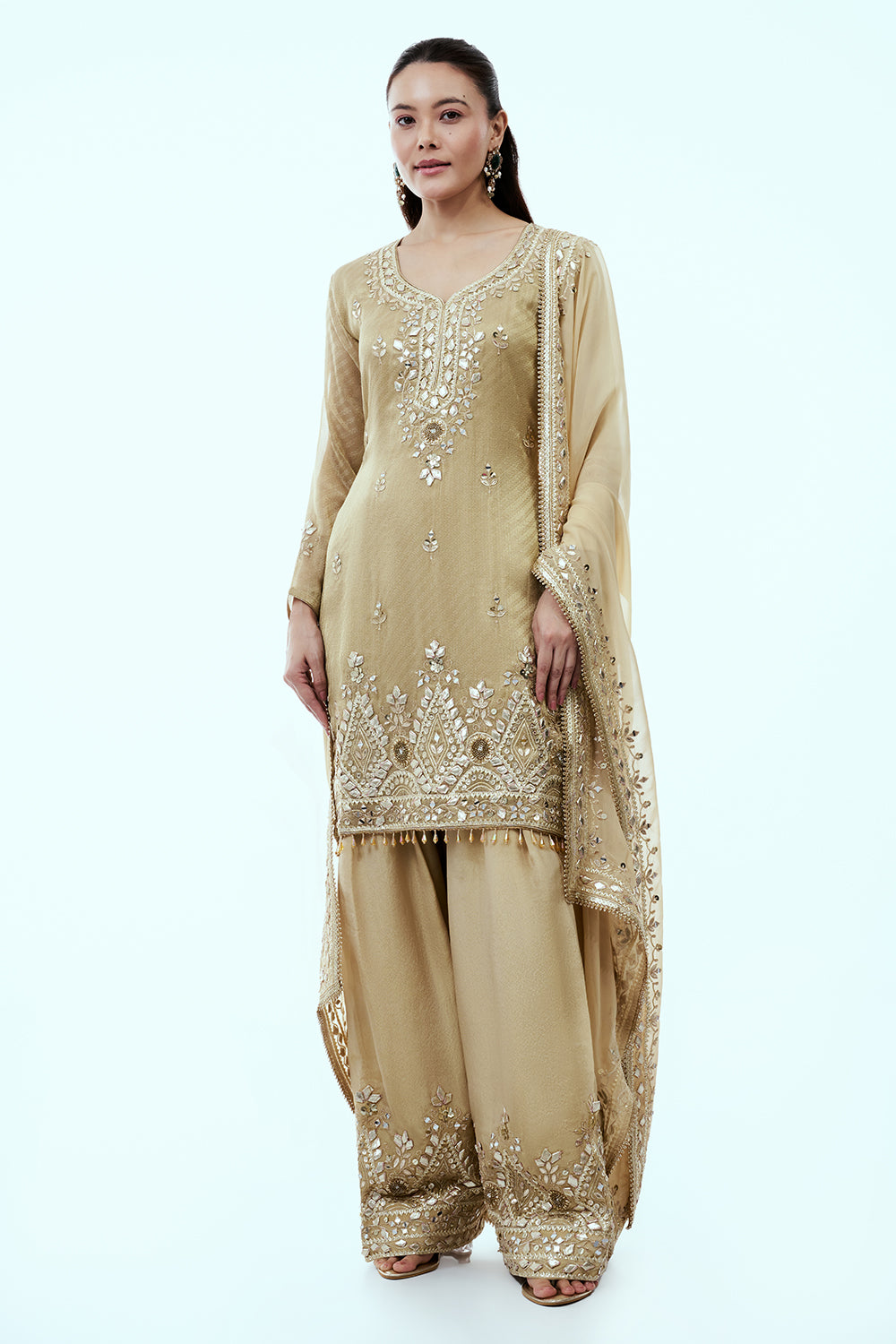 Golden Shimmer Tissue Farsi Salwar Kameez with Zari and Mirror Work