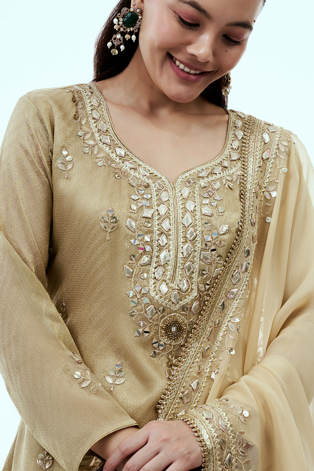 Golden Shimmer Tissue Farsi Salwar Kameez with Zari and Mirror Work