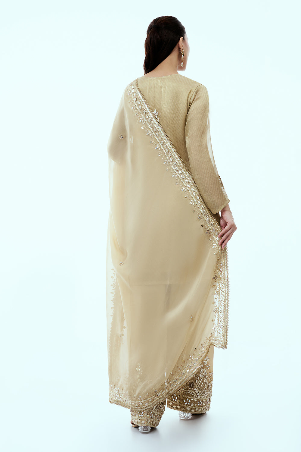 Golden Shimmer Tissue Farsi Salwar Kameez with Zari and Mirror Work