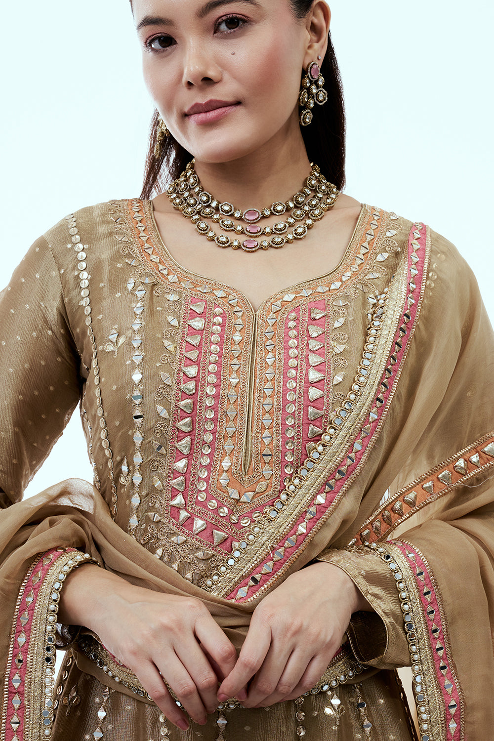 Golden Shimmer Tissue Suit Set with Mirror and Gota Work