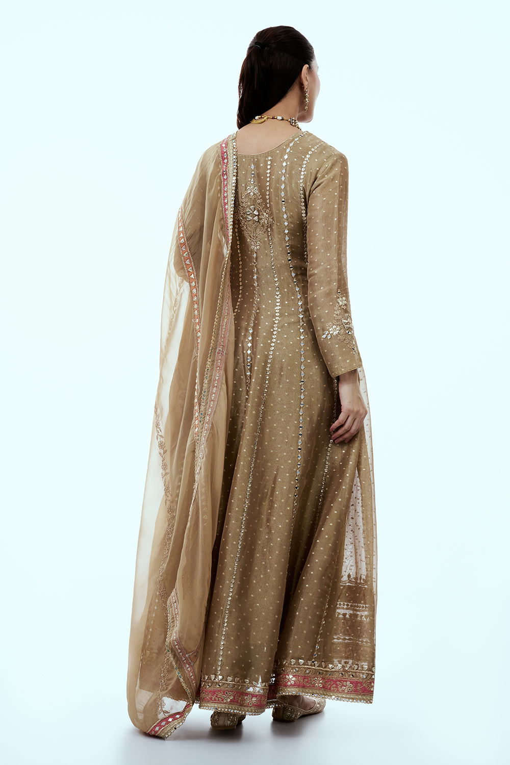 Golden Shimmer Tissue Suit Set with Mirror and Gota Work