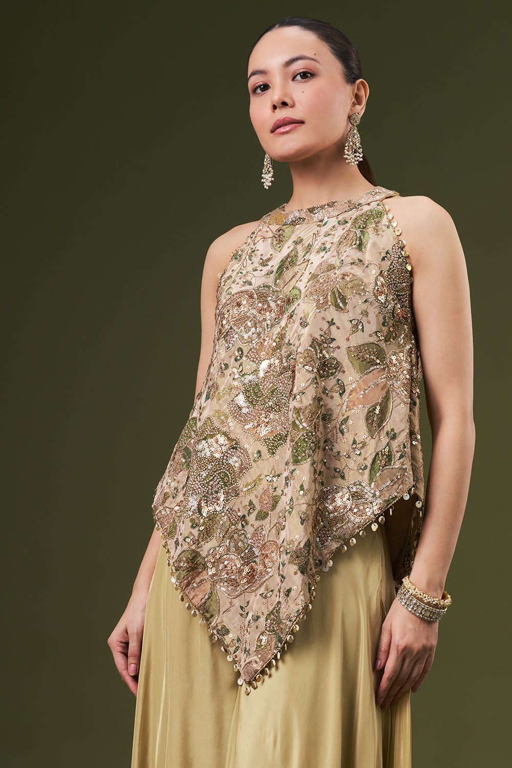 Golden Tissue Coord Set with Sequin and Cut Dana Work
