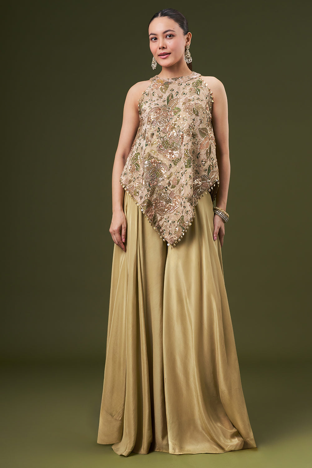 Golden Tissue Coord Set with Sequin and Cut Dana Work