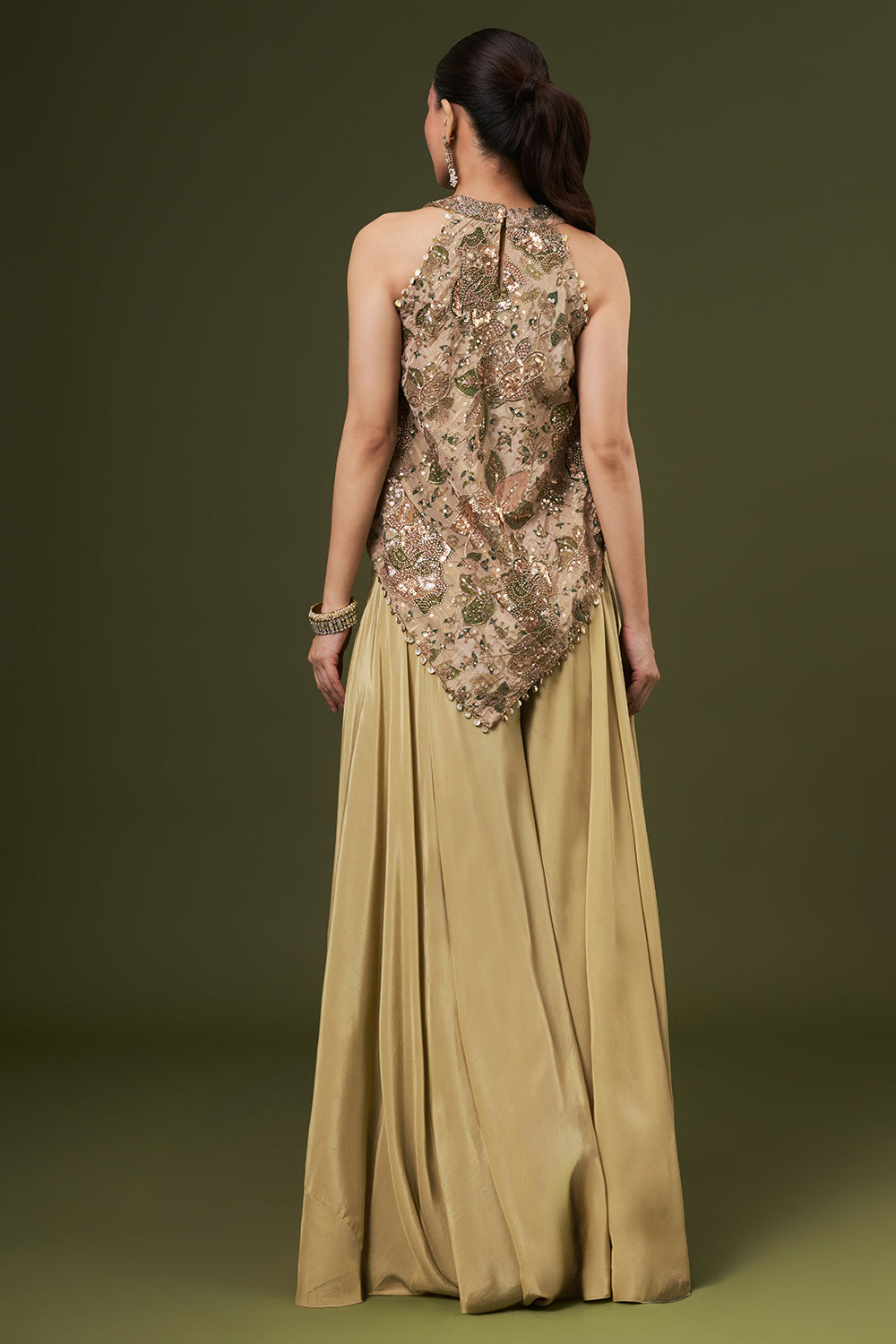 Golden Tissue Coord Set with Sequin and Cut Dana Work