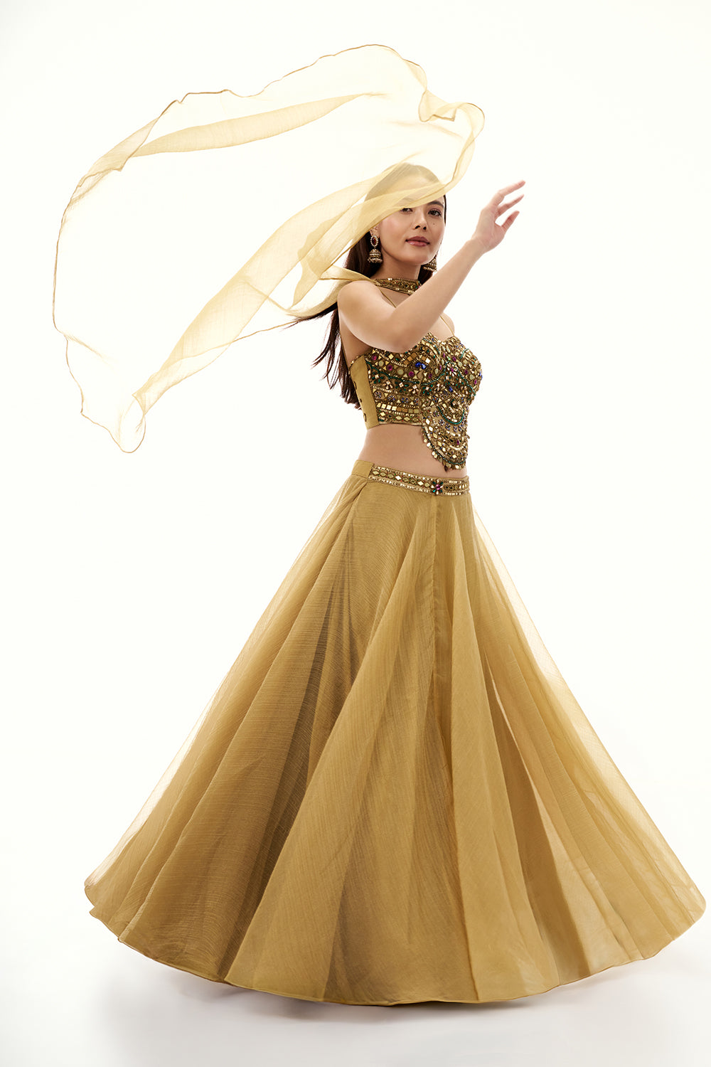 Golden Tissue Organza Lehenga with Mirror and Zari Work