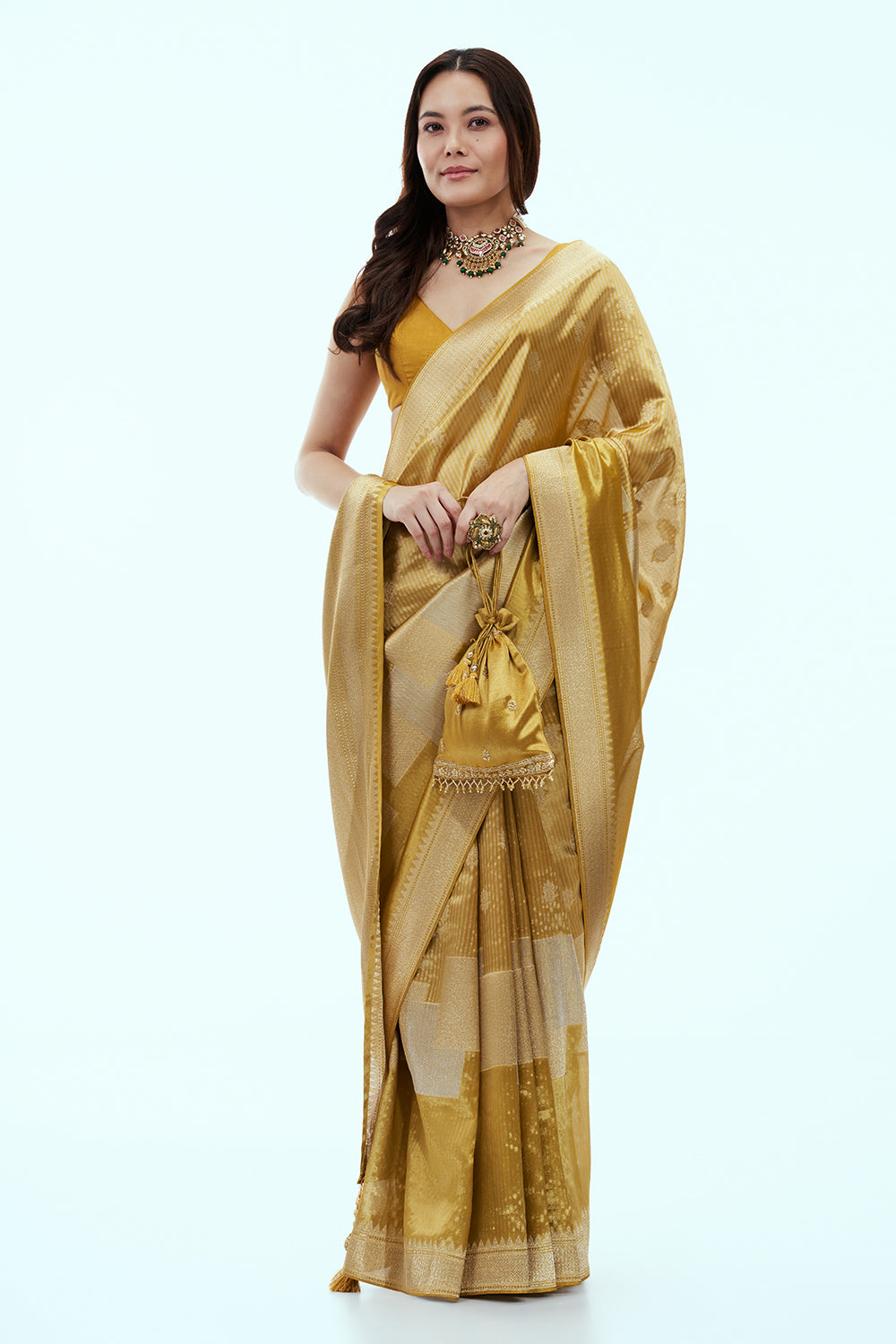 Golden Tissue Printed Saree with Cutdana and Sequins