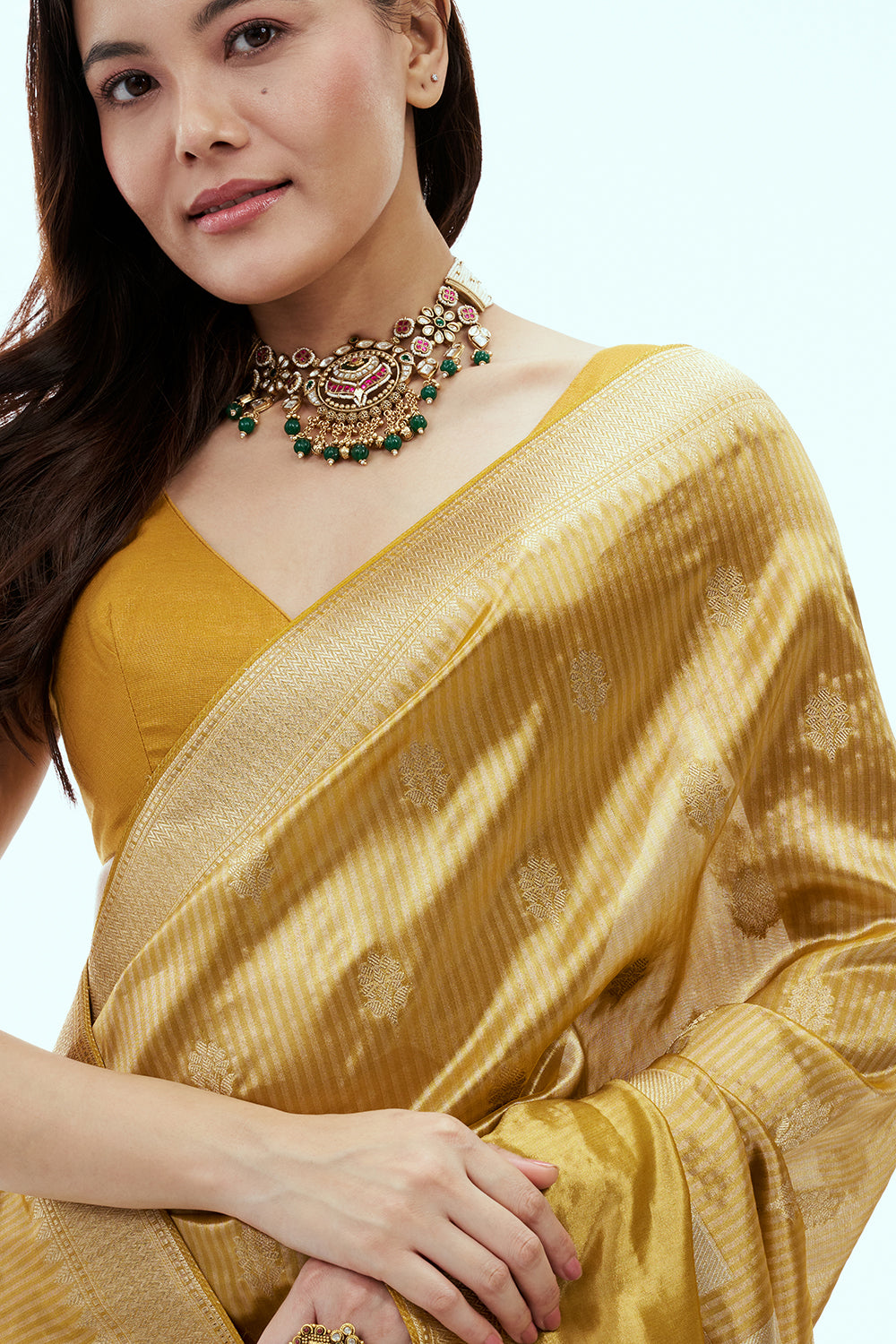 Golden Tissue Printed Saree with Cutdana and Sequins