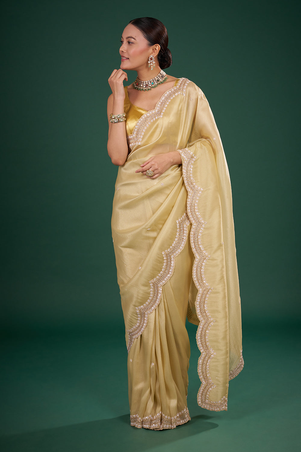 Golden Tissue Saree with Floral Embroidered Scalloped Border and Unstitched Blouse