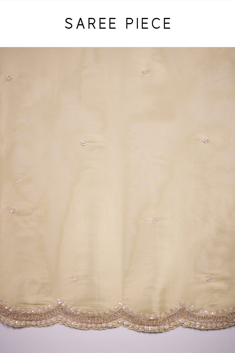 Golden Tissue Saree with Floral Embroidered Scalloped Border and Unstitched Blouse