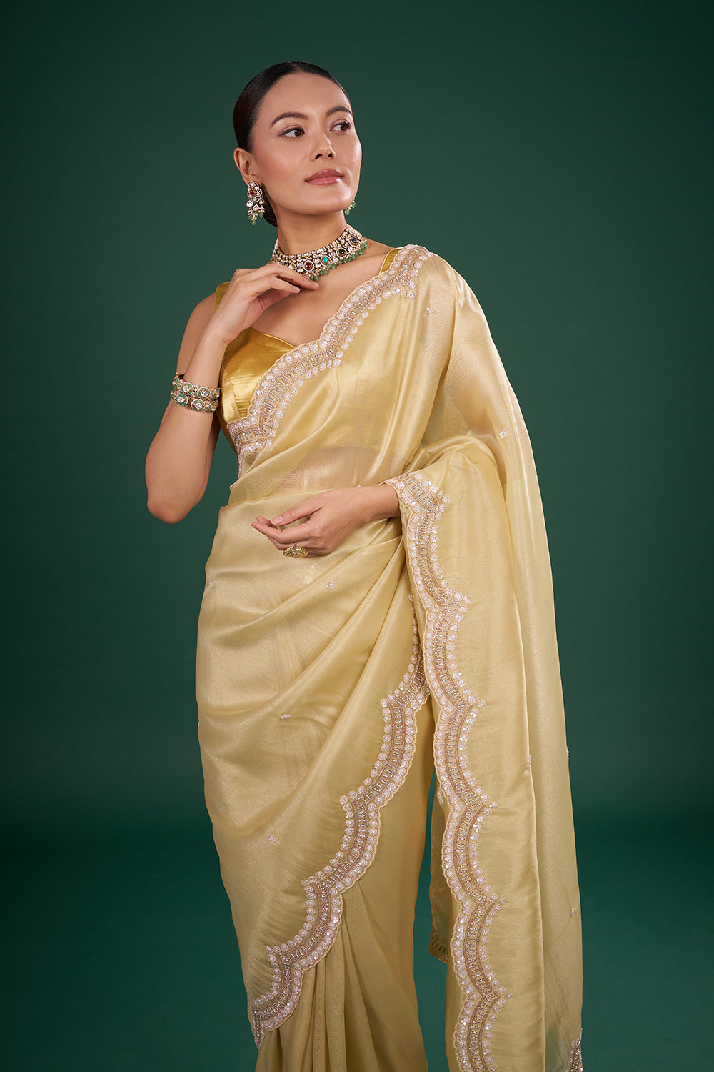 Golden Tissue Saree with Floral Embroidered Scalloped Border and Unstitched Blouse