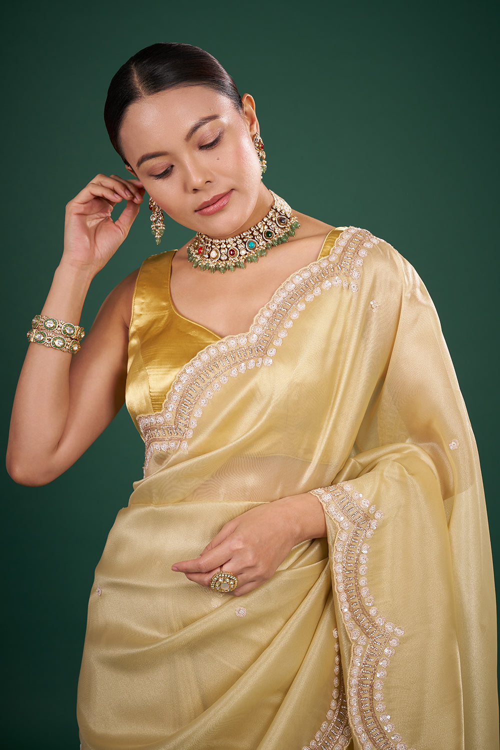 Golden Tissue Saree with Floral Embroidered Scalloped Border and Unstitched Blouse