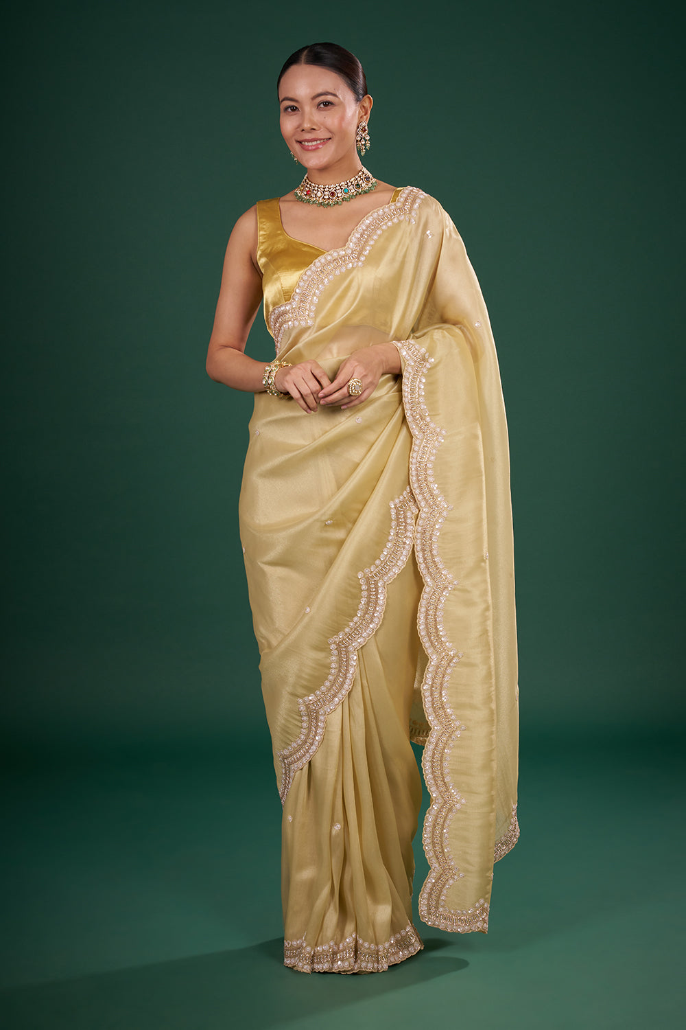 Golden Tissue Saree with Floral Embroidered Scalloped Border and Unstitched Blouse