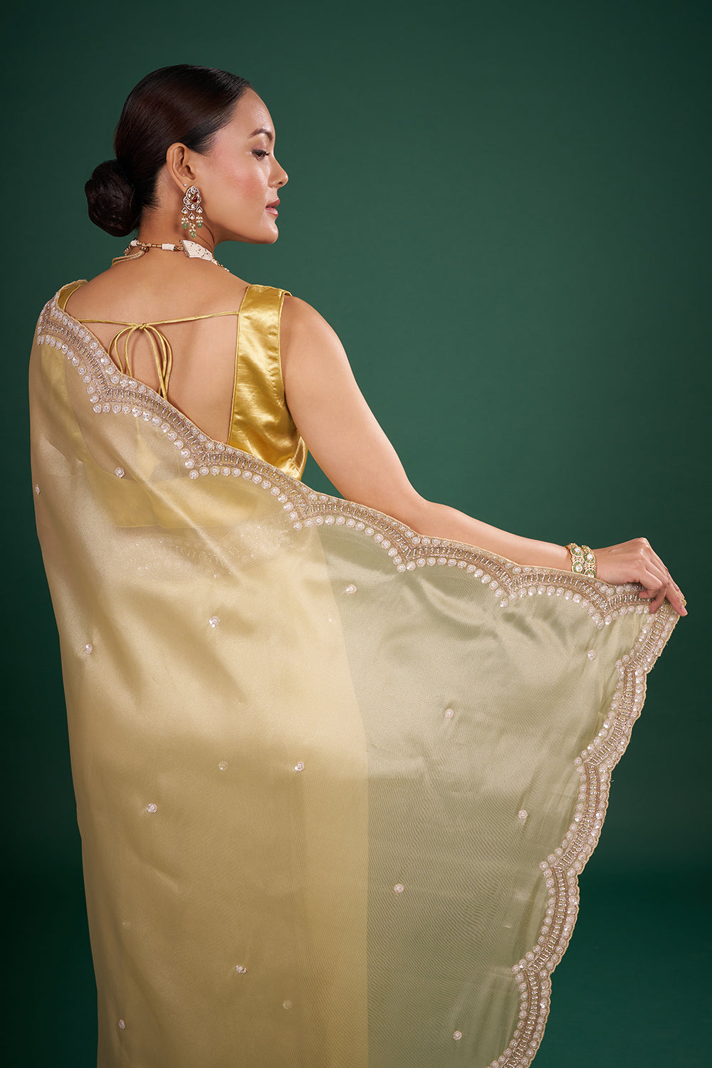 Golden Tissue Saree with Floral Embroidered Scalloped Border and Unstitched Blouse