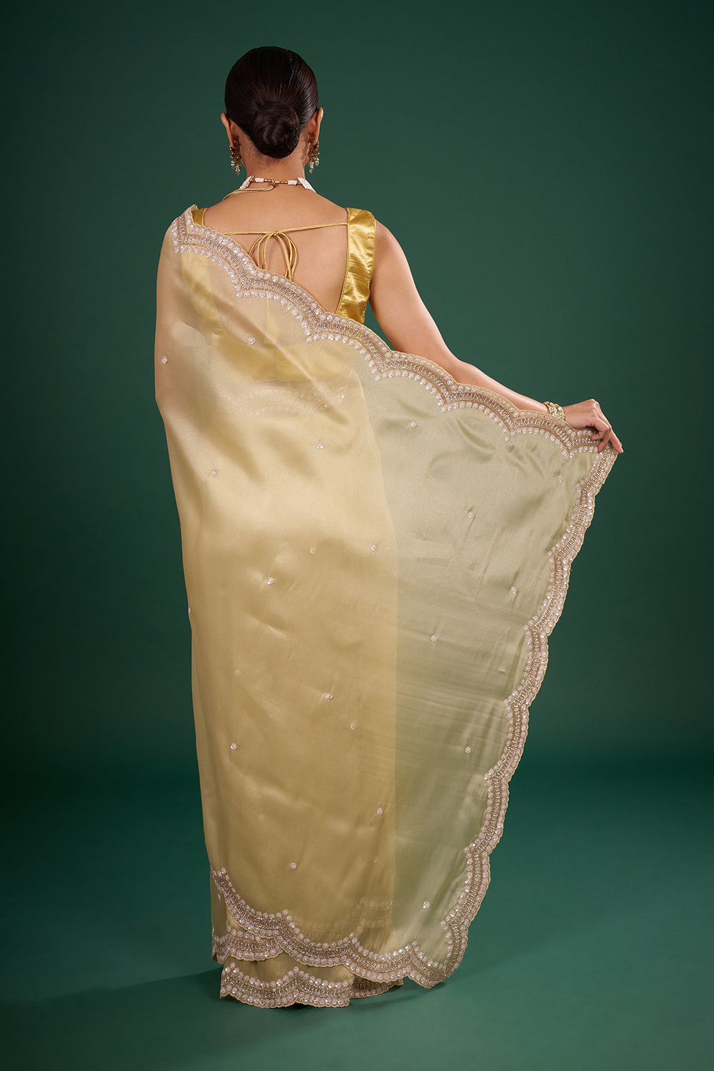 Golden Tissue Saree with Floral Embroidered Scalloped Border and Unstitched Blouse