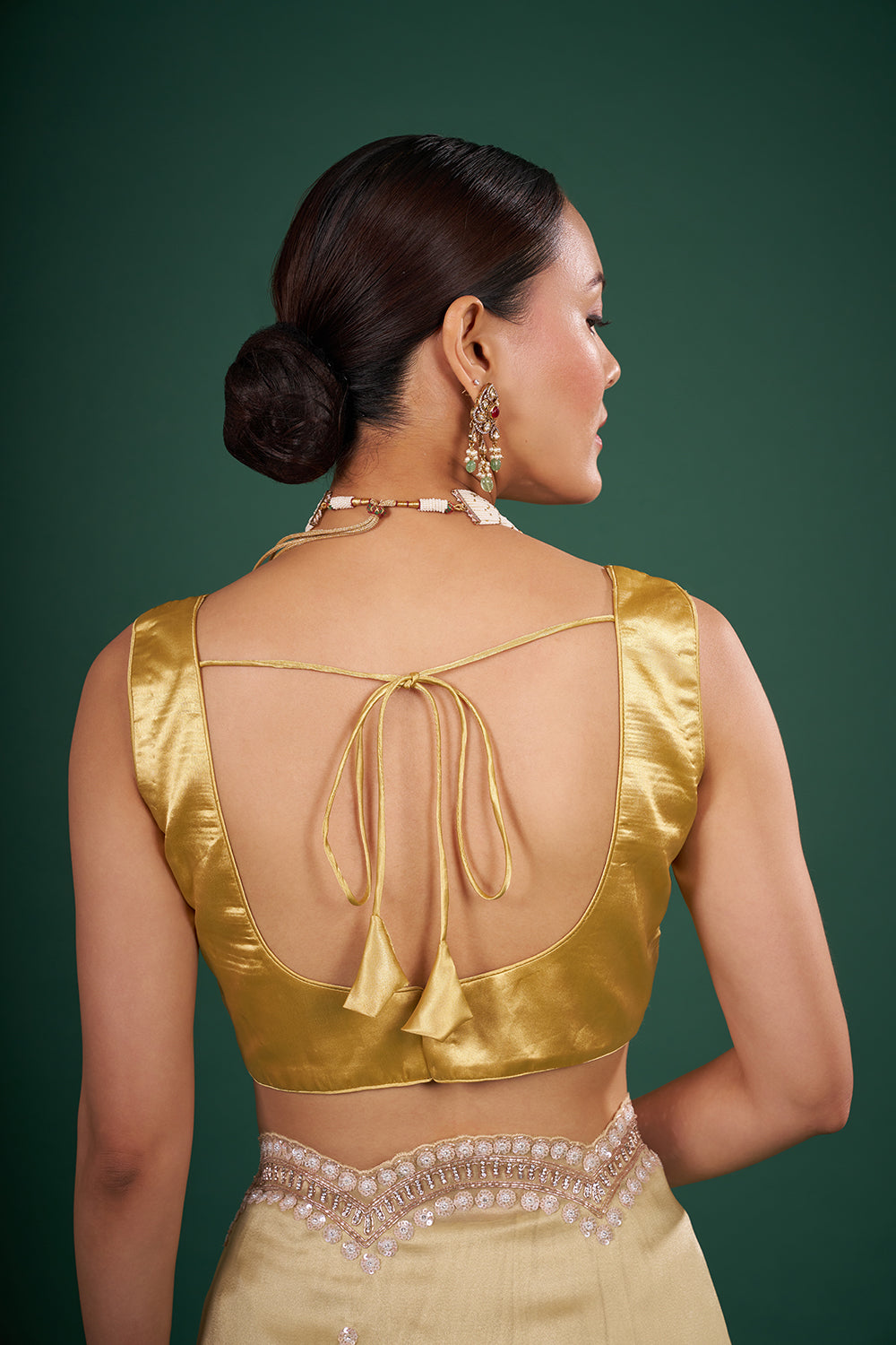 Golden Tissue Saree with Floral Embroidered Scalloped Border and Unstitched Blouse