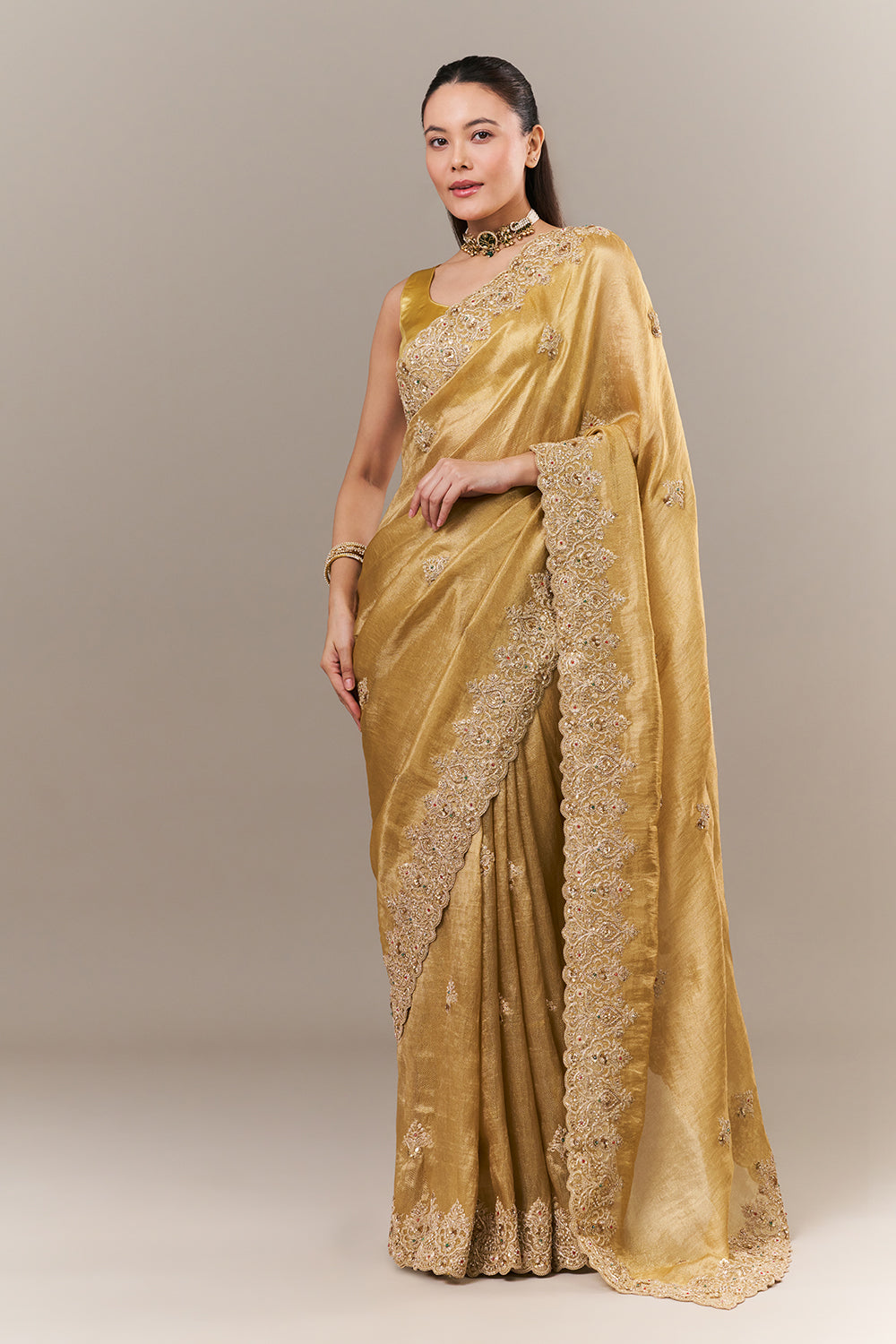 Golden Tissue Silk Woven Saree with Zari and Sequin Work