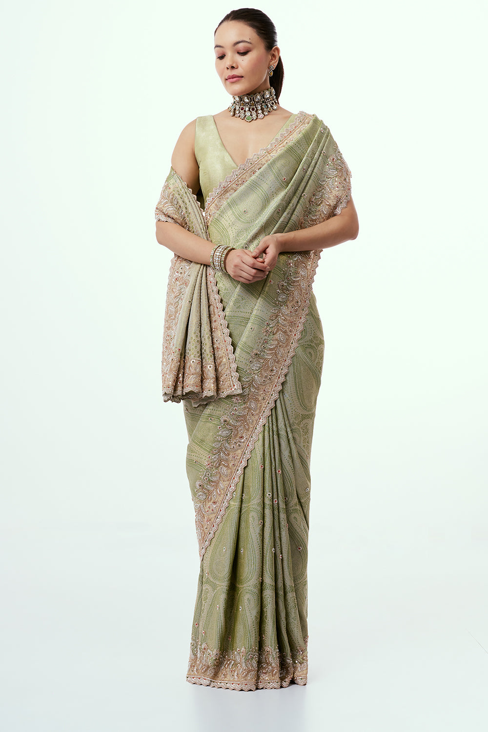 Grass Green Brocade Saree with Zari Work