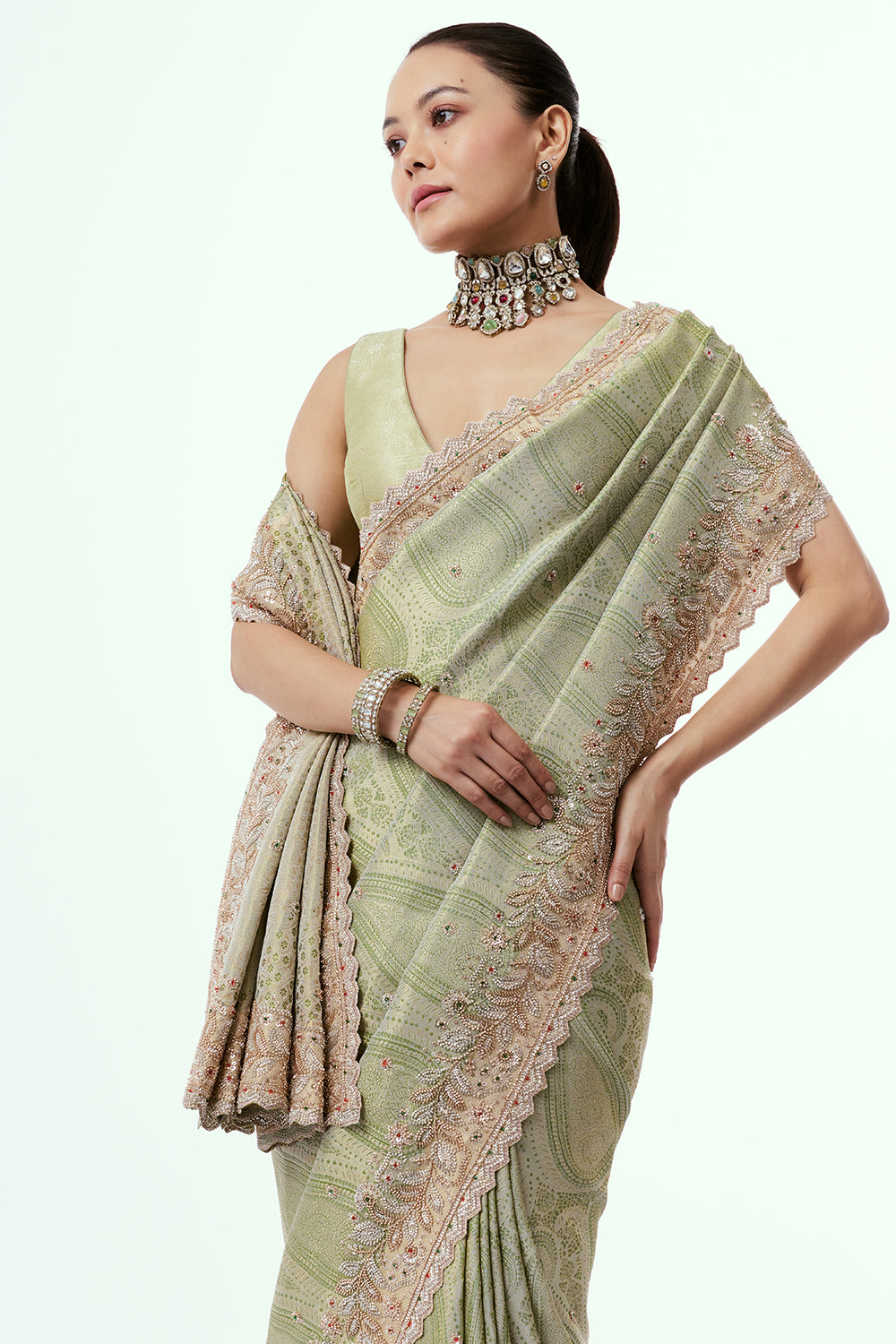 Grass Green Brocade Saree with Zari Work