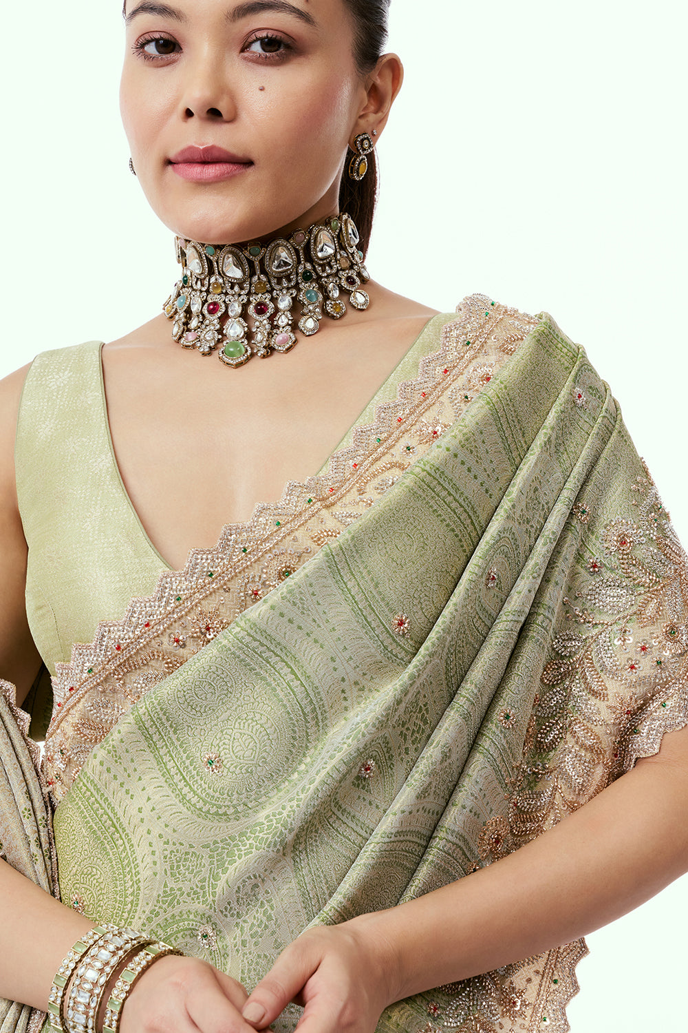 Grass Green Brocade Saree with Zari Work