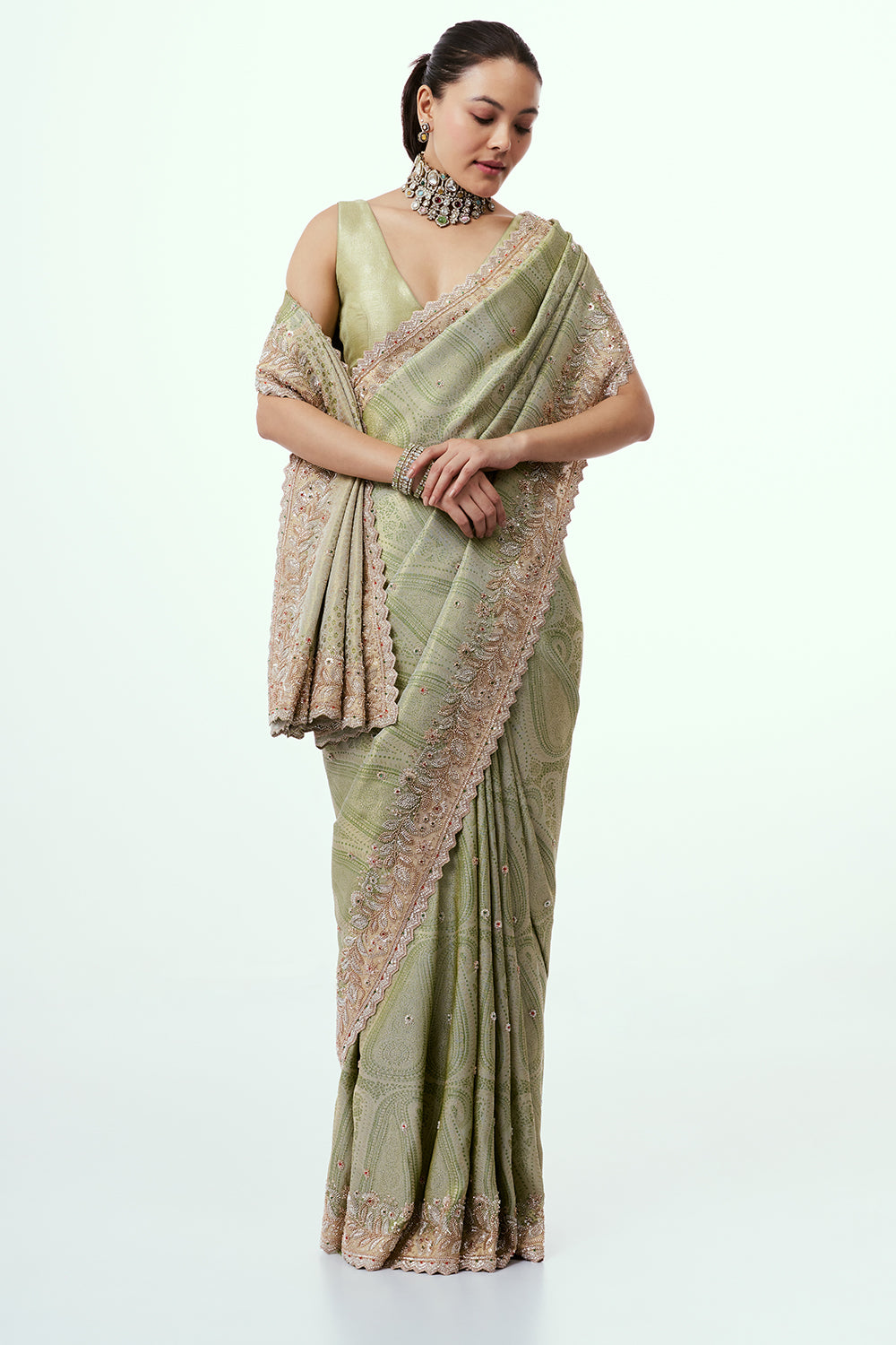 Grass Green Brocade Saree with Zari Work