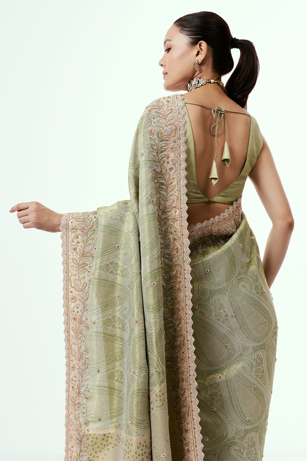 Grass Green Brocade Saree with Zari Work
