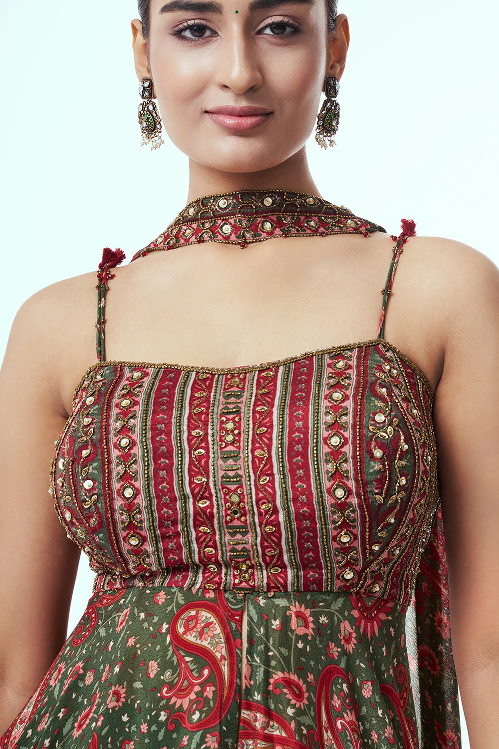 Green and Maroon Modal Indo-Western Set with Mirror Work