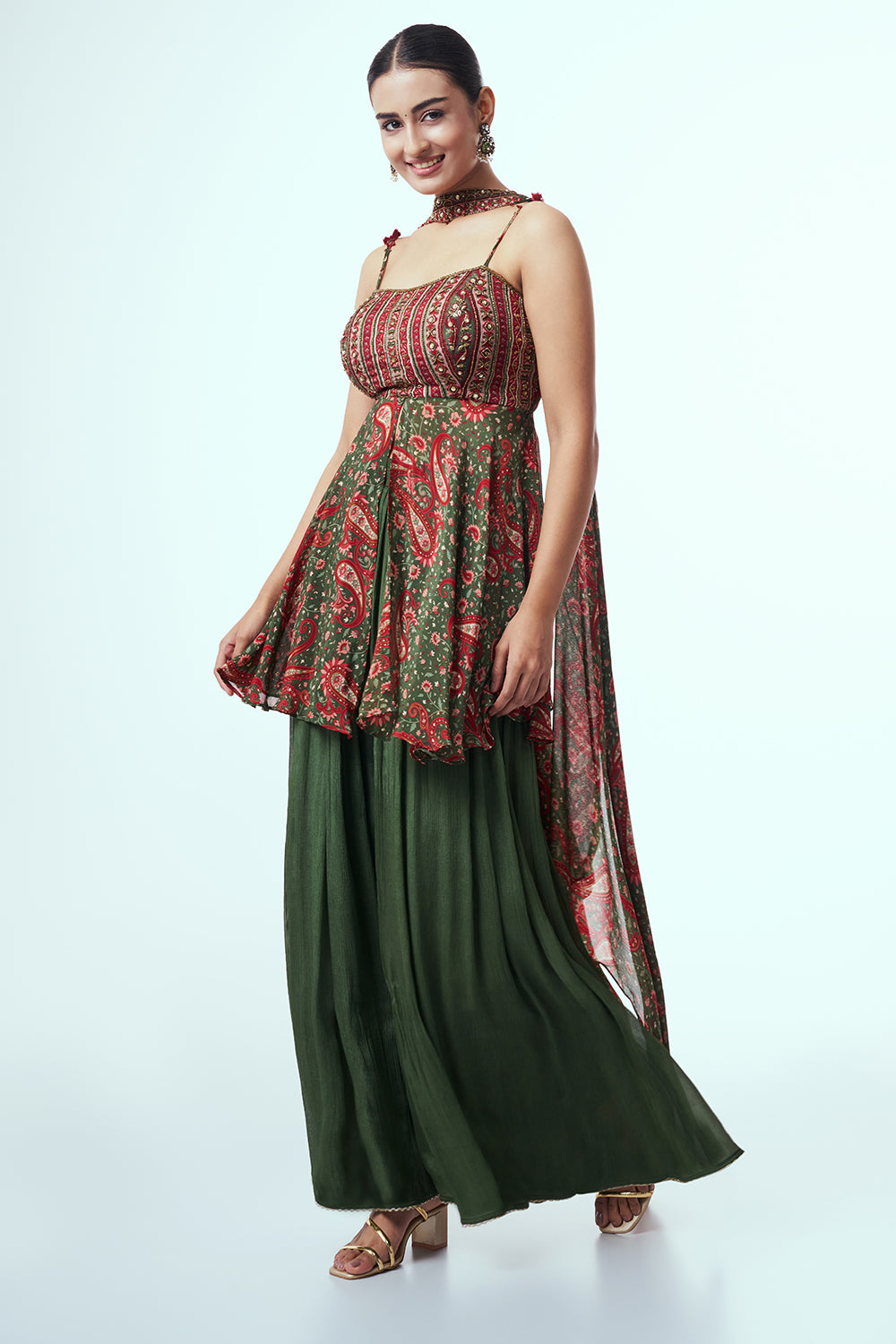 Green and Maroon Modal Indo-Western Set with Mirror Work