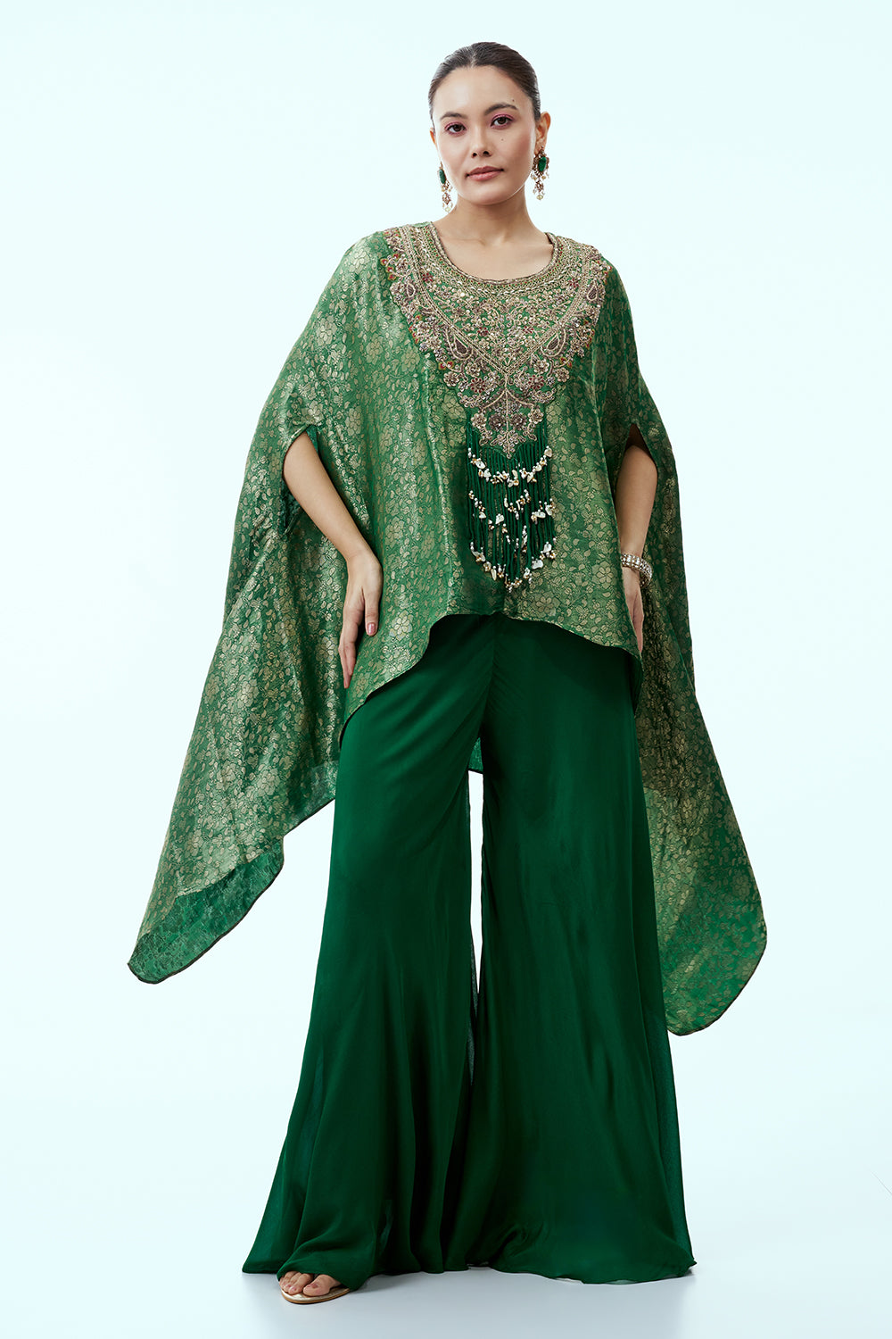 Green Brocade Indo Western Kaftan Top with Palazzo Pants