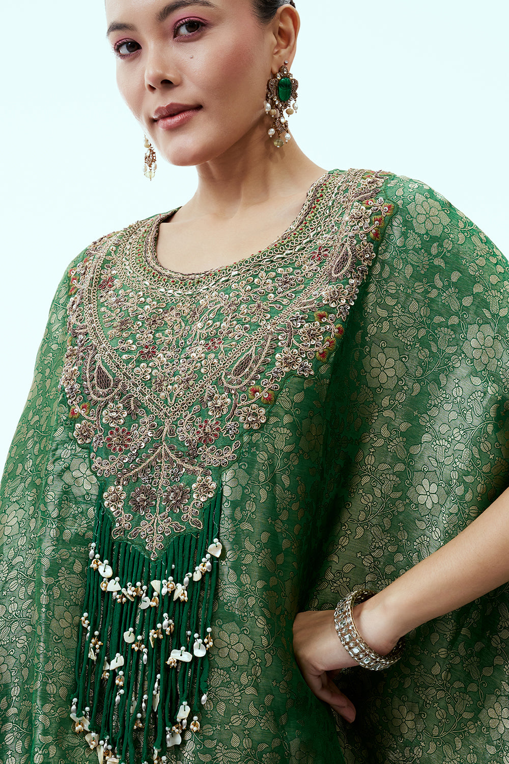 Green Brocade Indo Western Kaftan Top with Palazzo Pants