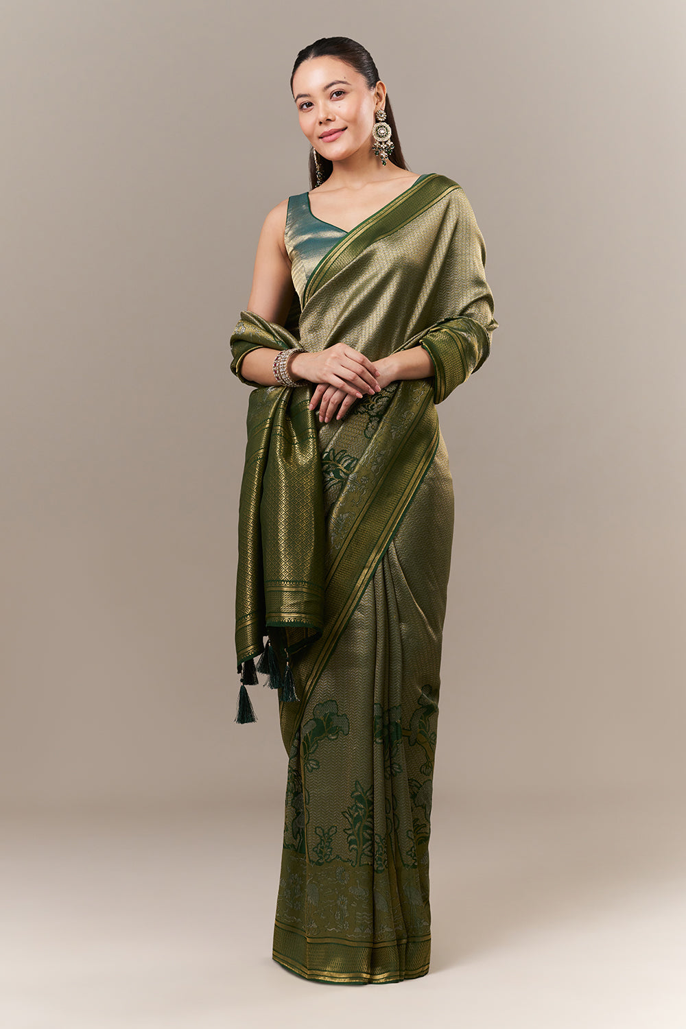Green Brocade Silk Printed Saree with Zari Work