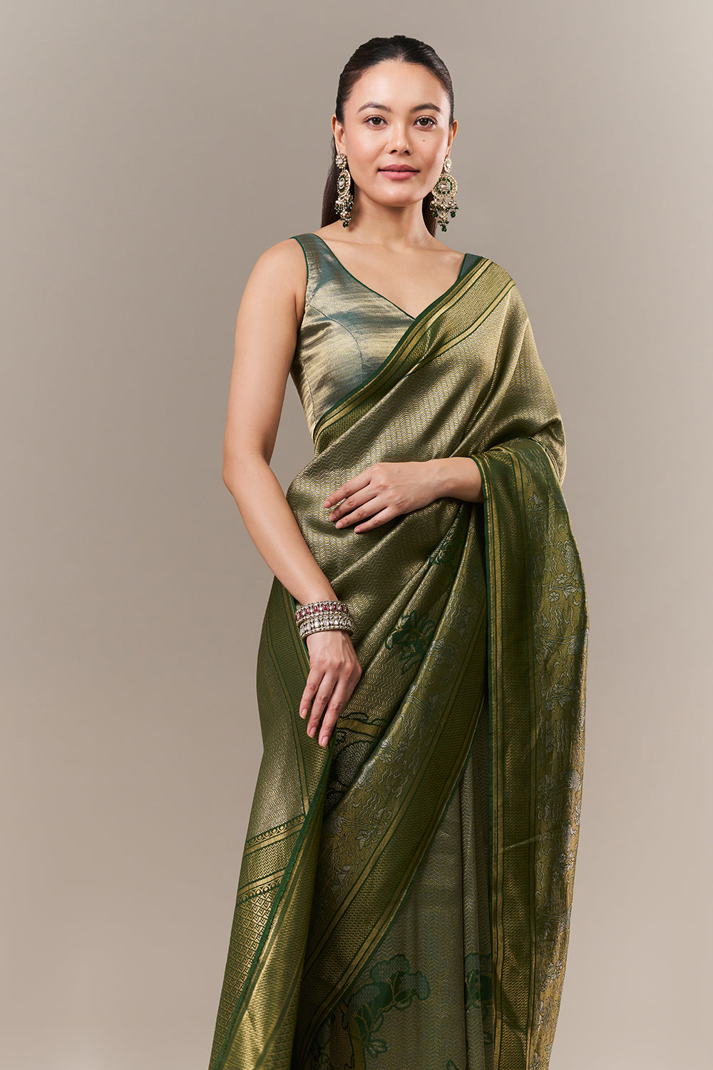 Green Brocade Silk Printed Saree with Zari Work