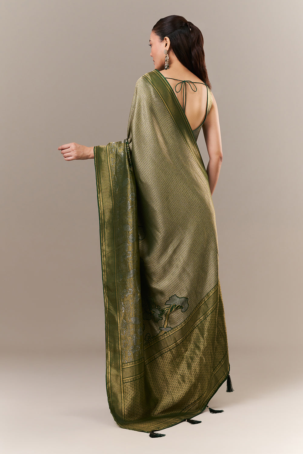 Green Brocade Silk Printed Saree with Zari Work