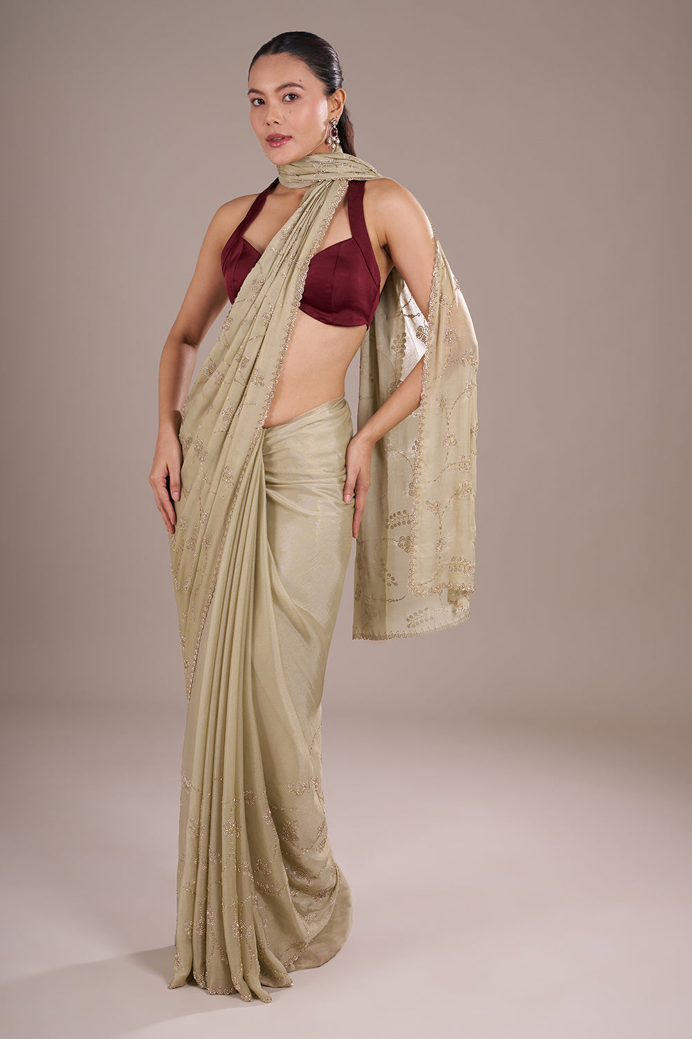 Green Chinon Saree with Cutdana Embroidery and Unstitched Blouse