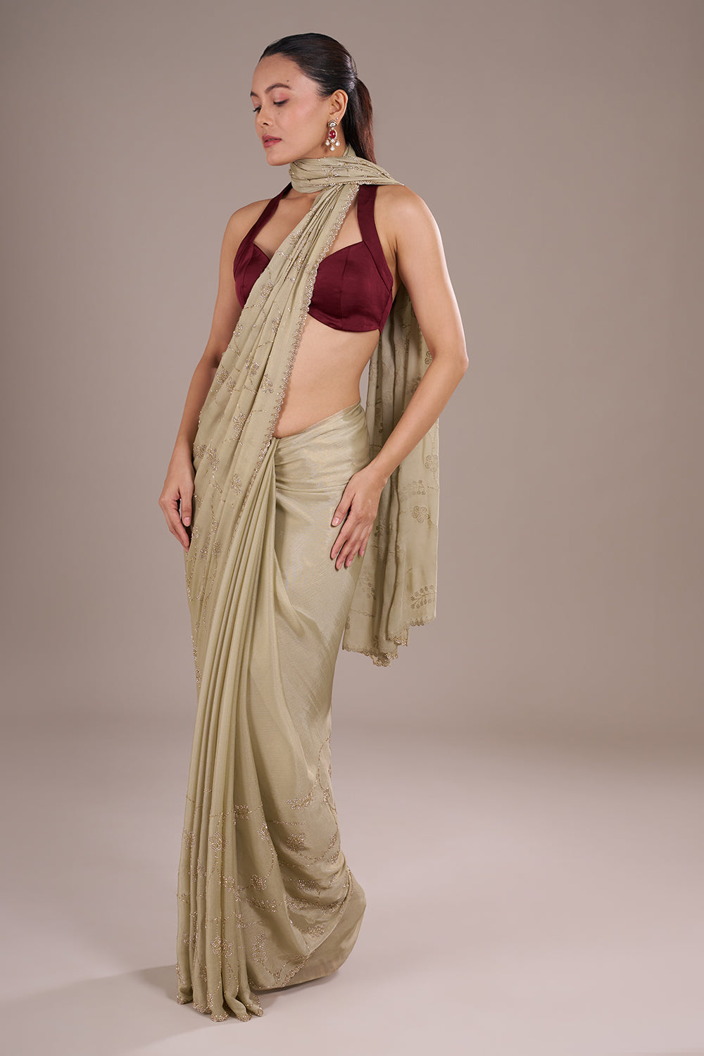 Green Chinon Saree with Cutdana Embroidery and Unstitched Blouse