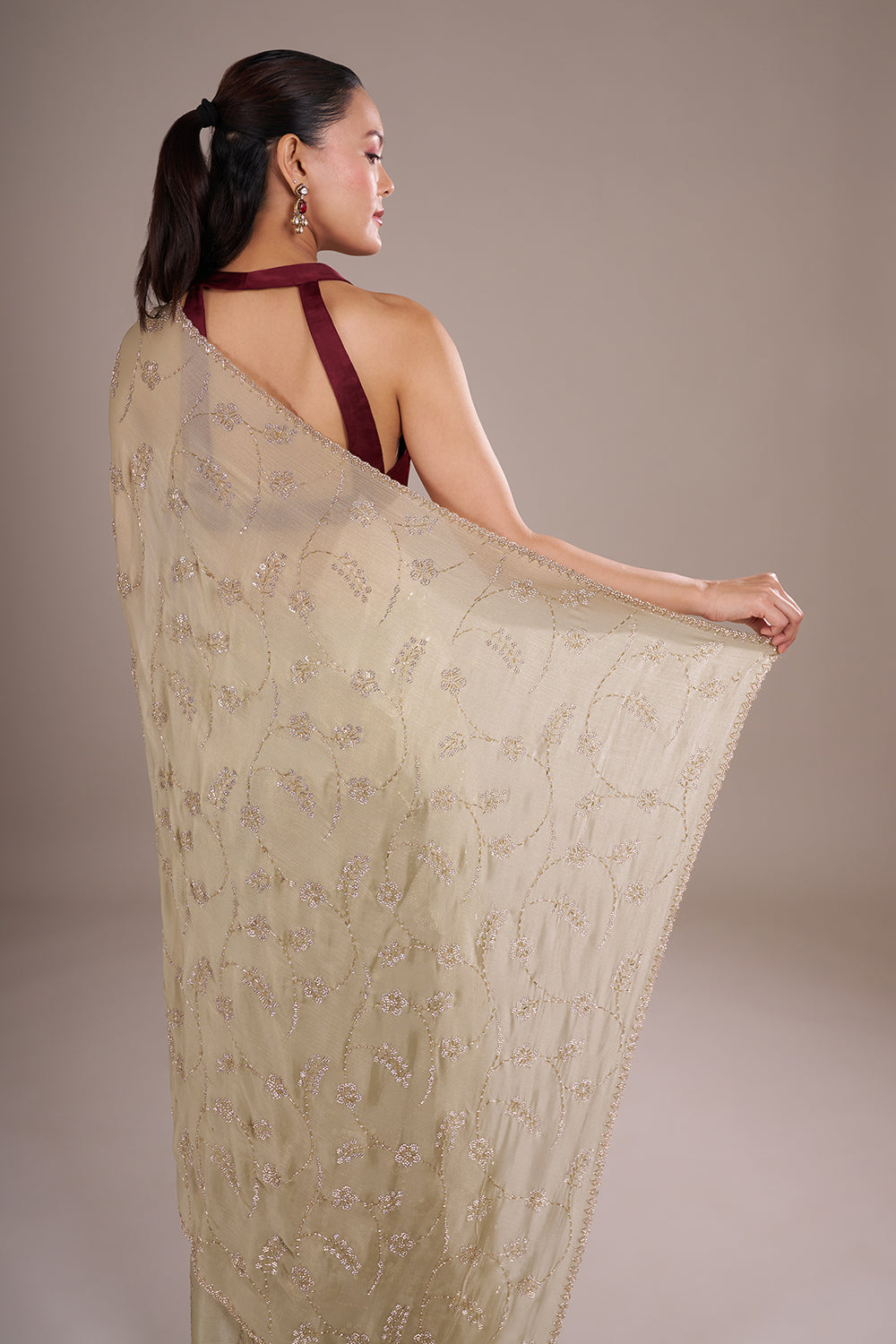 Green Chinon Saree with Cutdana Embroidery and Unstitched Blouse
