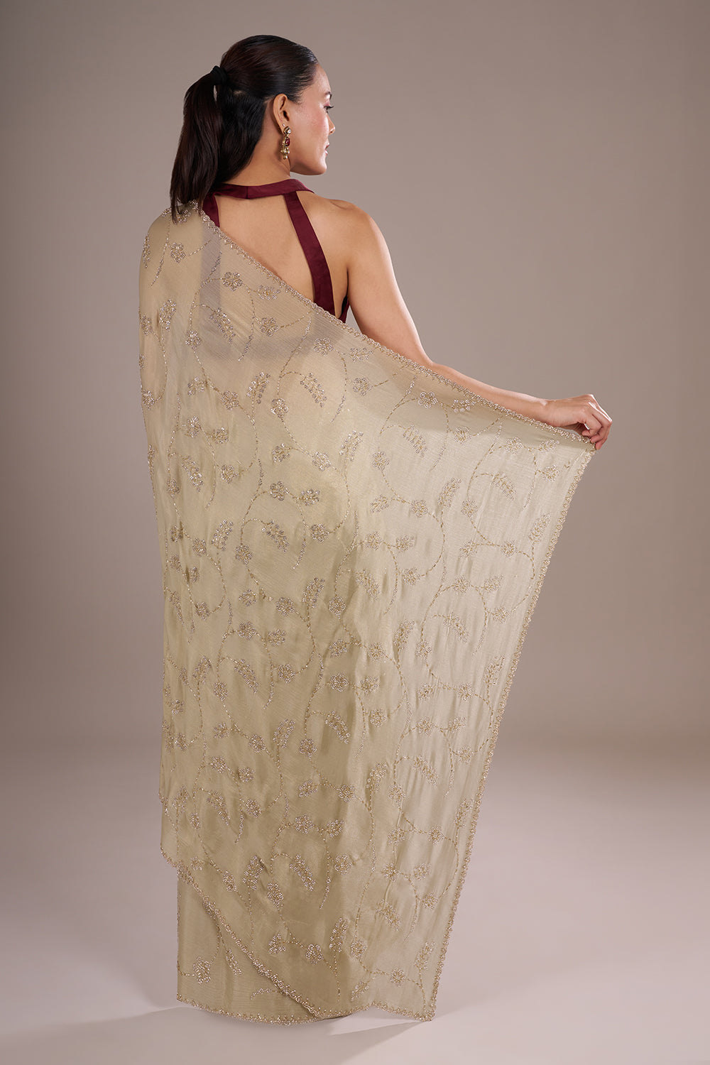 Green Chinon Saree with Cutdana Embroidery and Unstitched Blouse