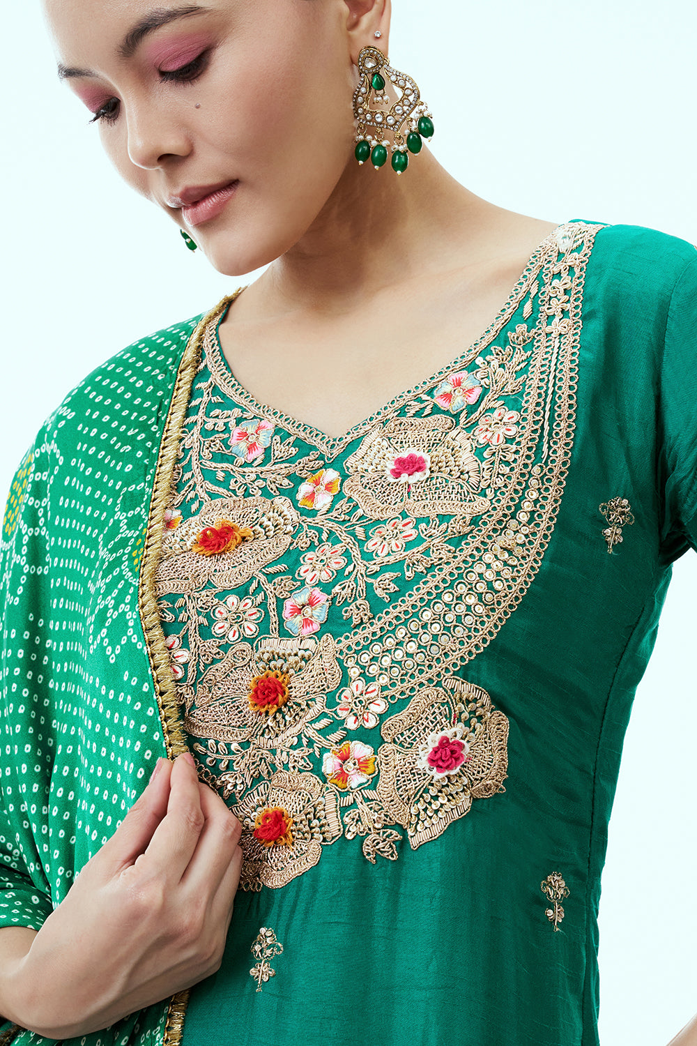 Green Cotton Silk Palazzo Suit with Zari and Zardosi Work
